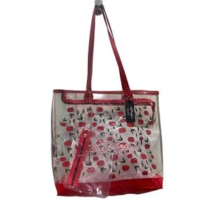 Ed Hardy Red Cherries Clear Tote Bag NWT! Leather Red Straps And Pouch Attached‎